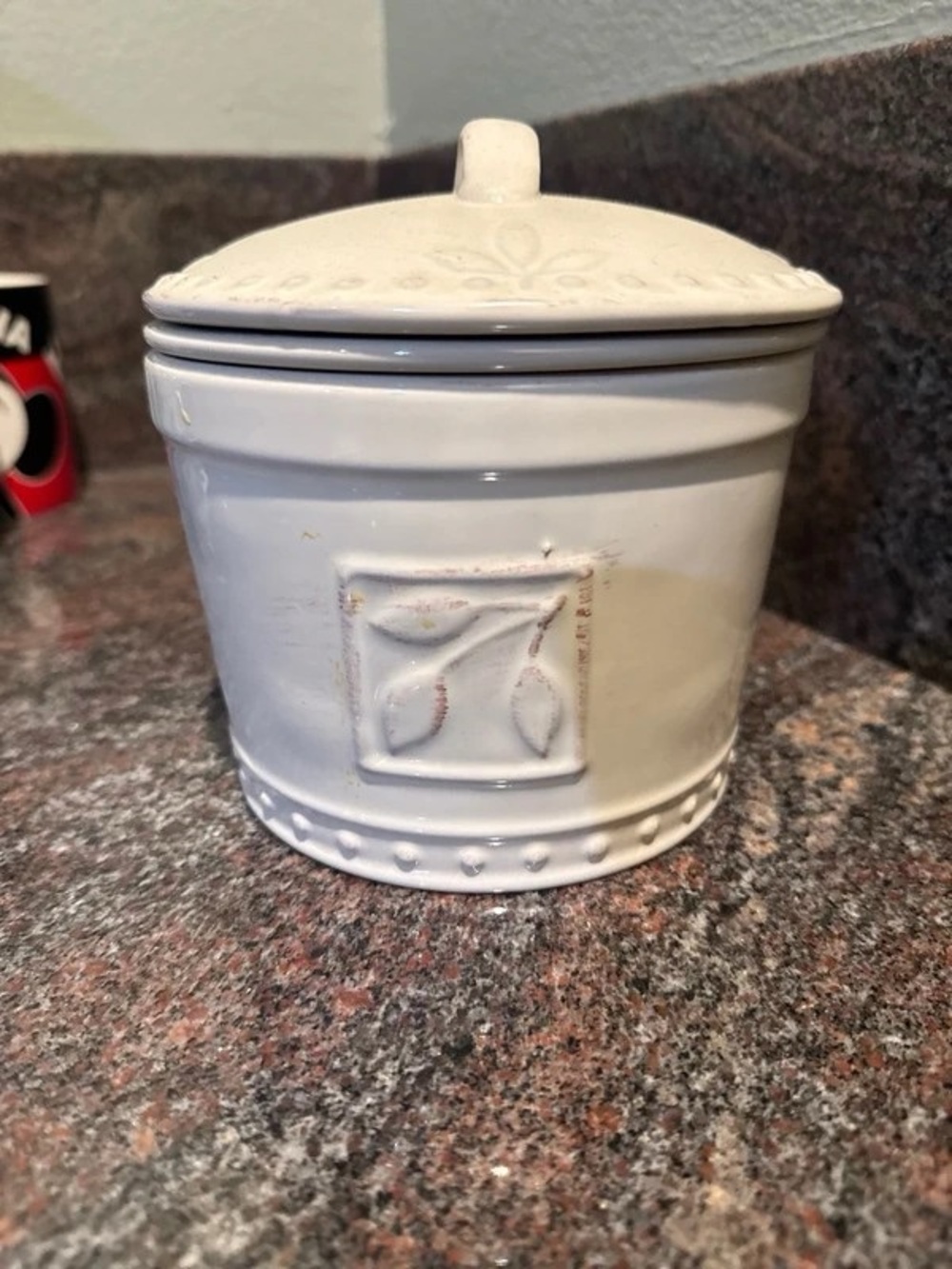 Cream Ceramic Lidded Canister with Leaf Motif